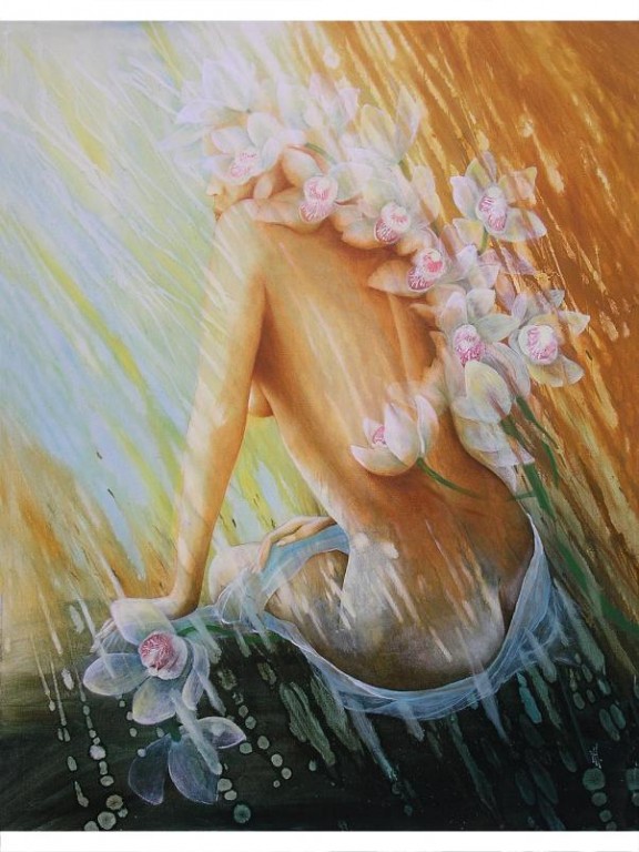 Rysunek nagiej kobiety siedzącej na deszczu, odwróconej plecami i zakrytą kwiatami