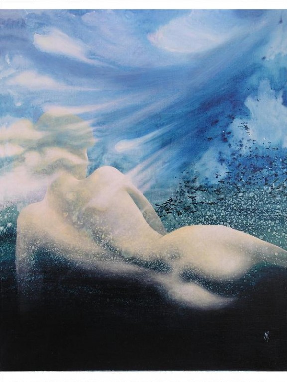 Rysunek leżącej, odwróconej plecami nagiej kobiety w zimnym i dymistym krajobrazie