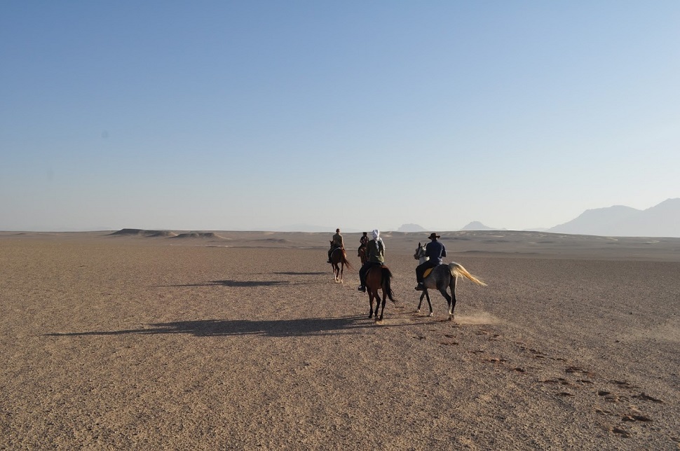 Ludzie na koniach przechodzący przez pustynię