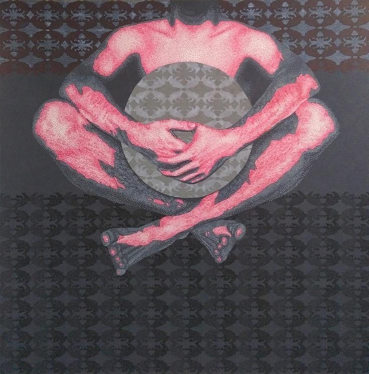 Abstrakcyjny obraz nagiej osoby trzymającej wzorzyste kółko