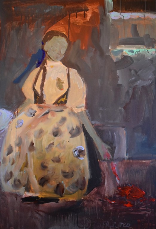 Kolorowy abstrakcyjny obraz kobiety  sukni z warkoczem