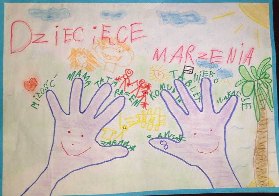 Rysunek 'Dziecięce marzenia' z odrysowanymi dłońmi