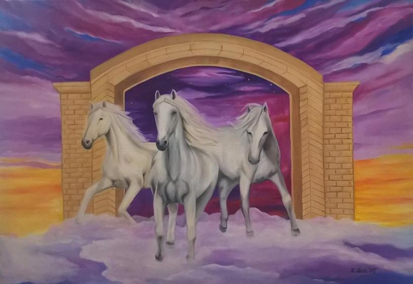 Obraz trzech białych koni wybiegających z złotej bramy, za nimi fioletowe niebo