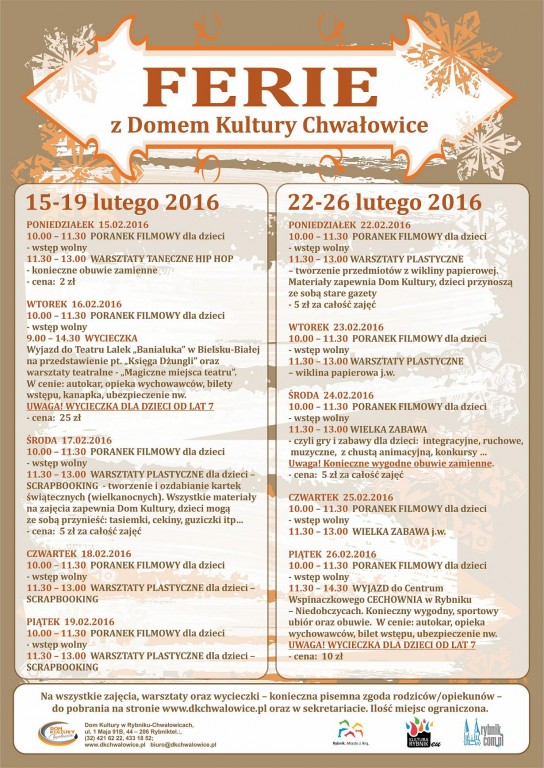 Plakat Ferie 2016 z Domem Kultury Chwałowice