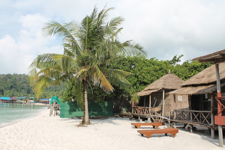 Palmy i drewniane domki na plaży