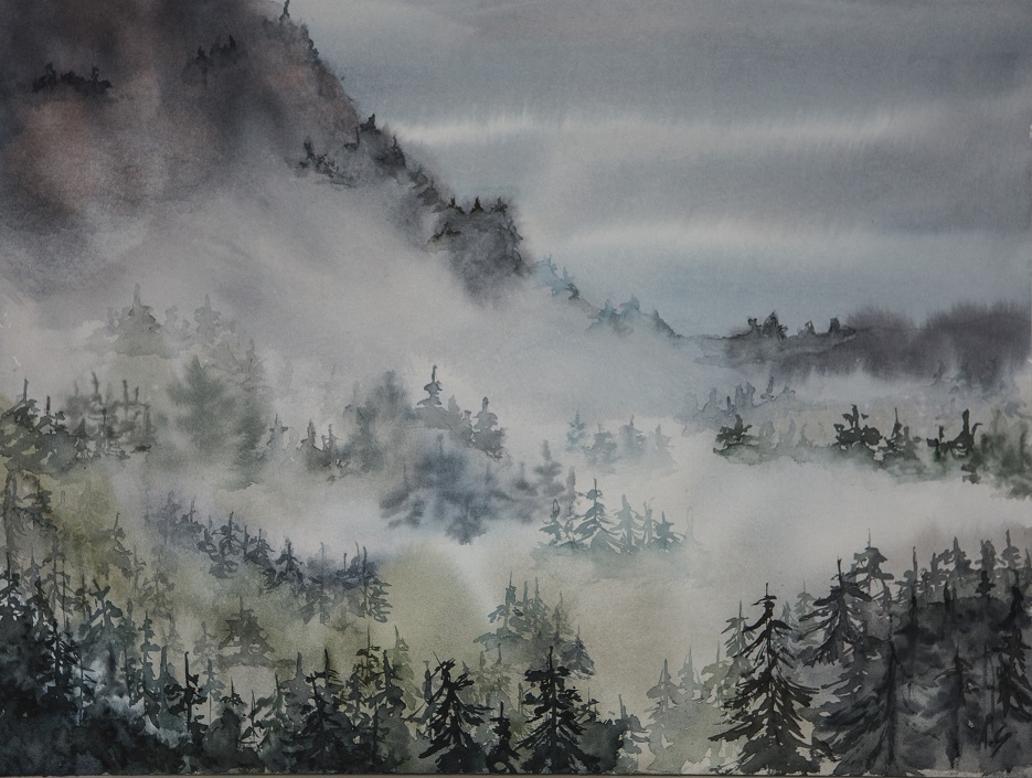 Namalowane góry i pokryty mgłą las