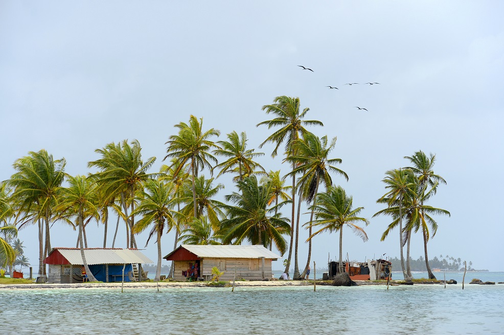 Półwysep z małymi domkami i palmami