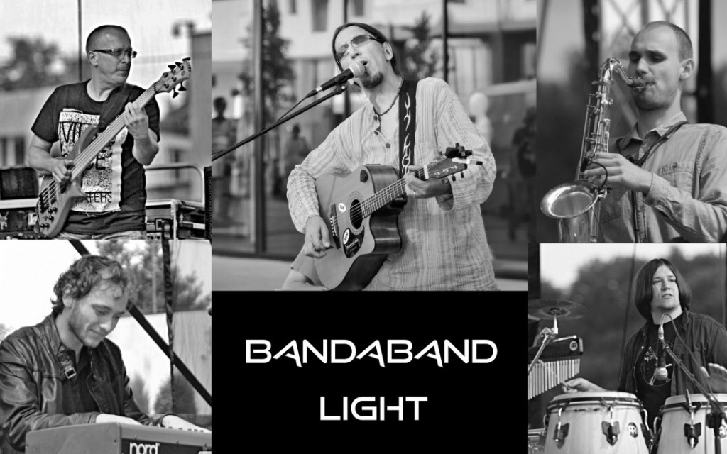 Kolaż pięciu zdjęć z mężczyznami grającymi na instrumentach, podpisane 'BANDABAND LIGHT'