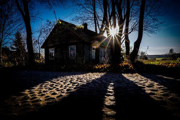 Zdjęcie małego domku obok drzew, za nimi słońce a przed długie słupy światła i cieni