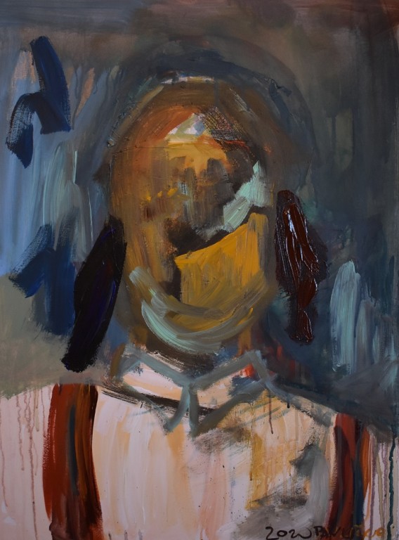 Wielokolorowy abstrakcyjny obraz sylwetki mężczyzny z szelkami bez twarzy.