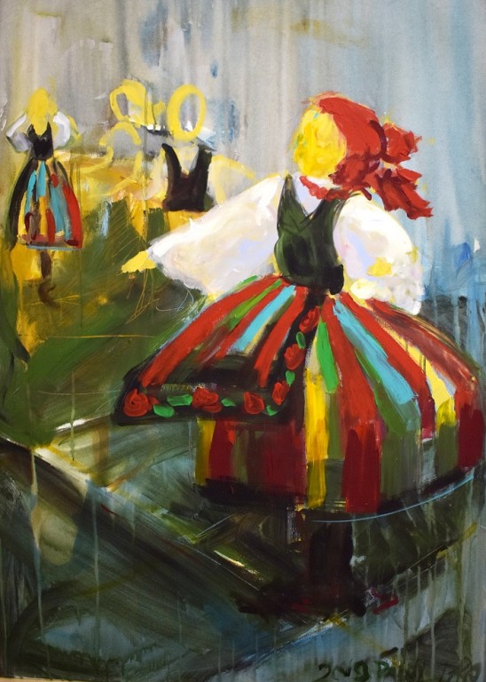 Kolorowy abstrakcyjny obraz kobiet w ludowych strojach