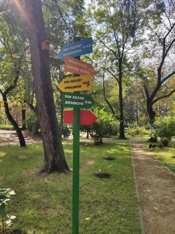 Drogowskaz w parku z 5 tabliczkami