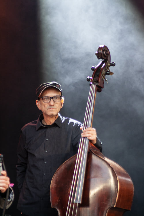 Zdjęcie przedstawia kontrabasistę