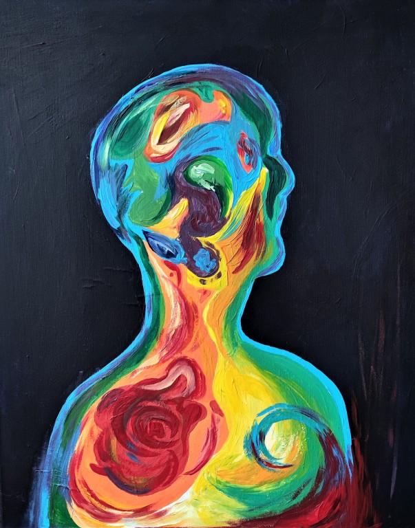 Obraz przedstawia człowieka wypełnionego tęczowymi kolorami 