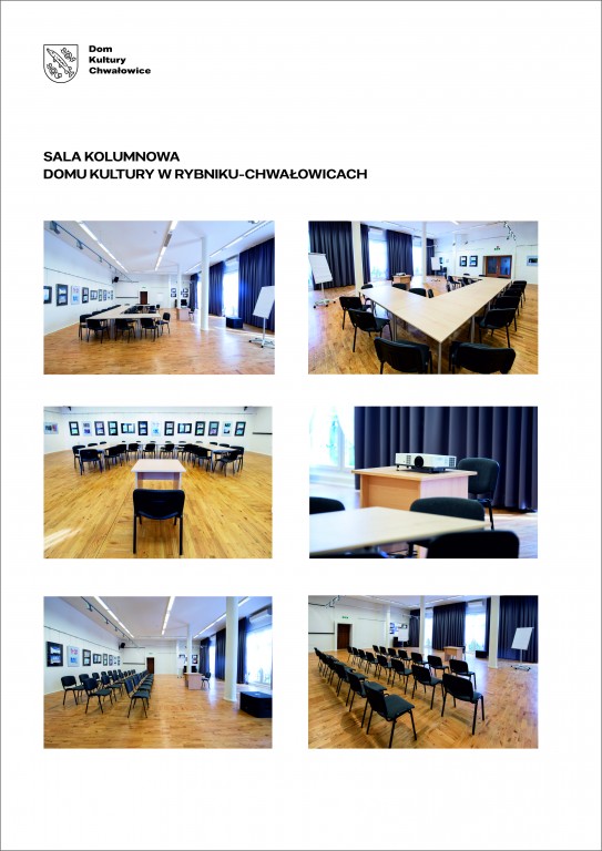 Sala kolumnowa 6 fotografii prezentujące salę