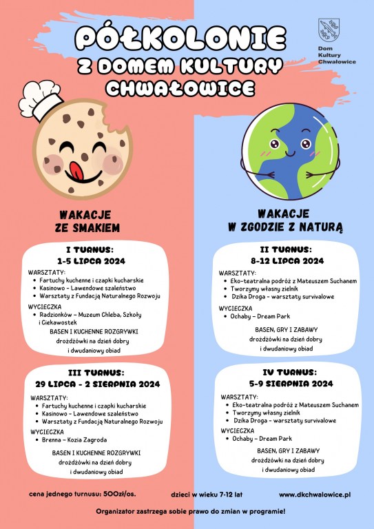 plakat dwóch turnusów półkolonii - wakacje ze smakiem i w zgodzie z naturą. plan 