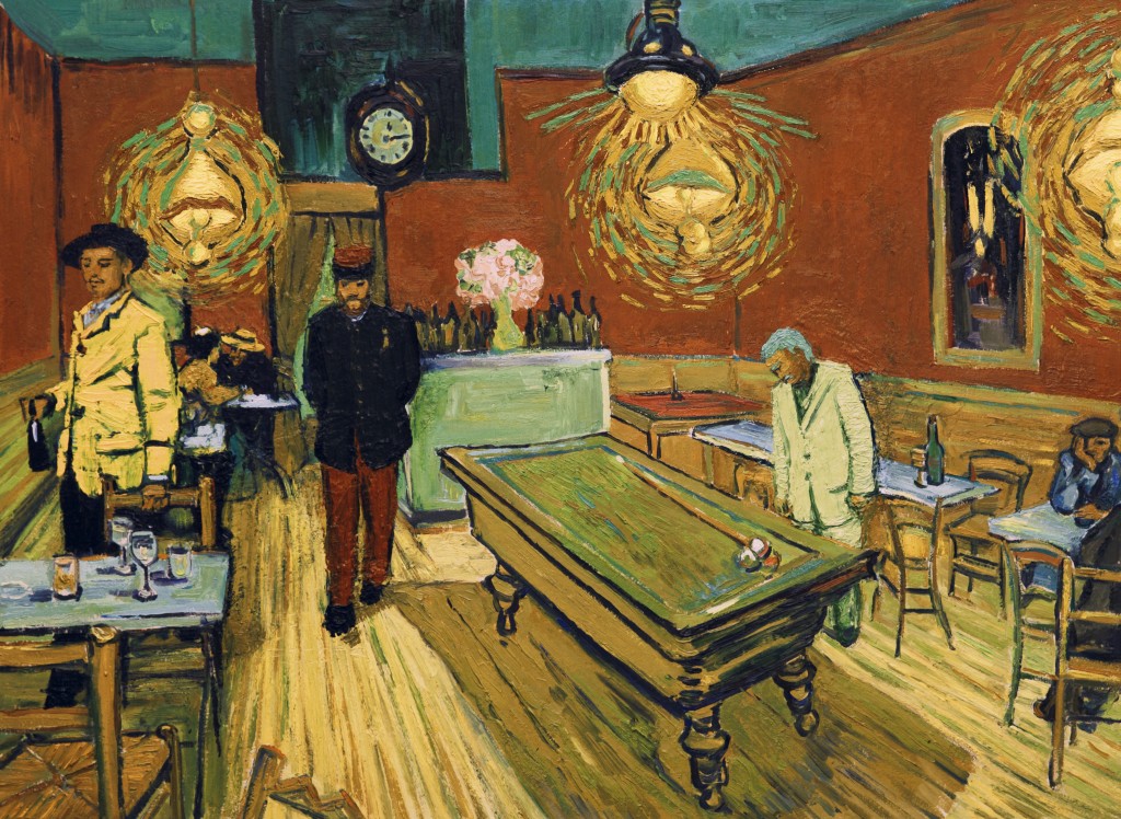Klatka z filmu animowanego, ludzie w restauracji, na środku stolik do bilarda