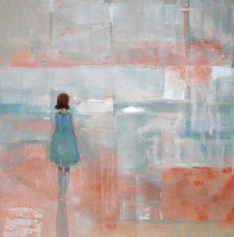 Obraz dziewczynki w błękitnej sukience stojącej pośród abstrakcyjnych barw