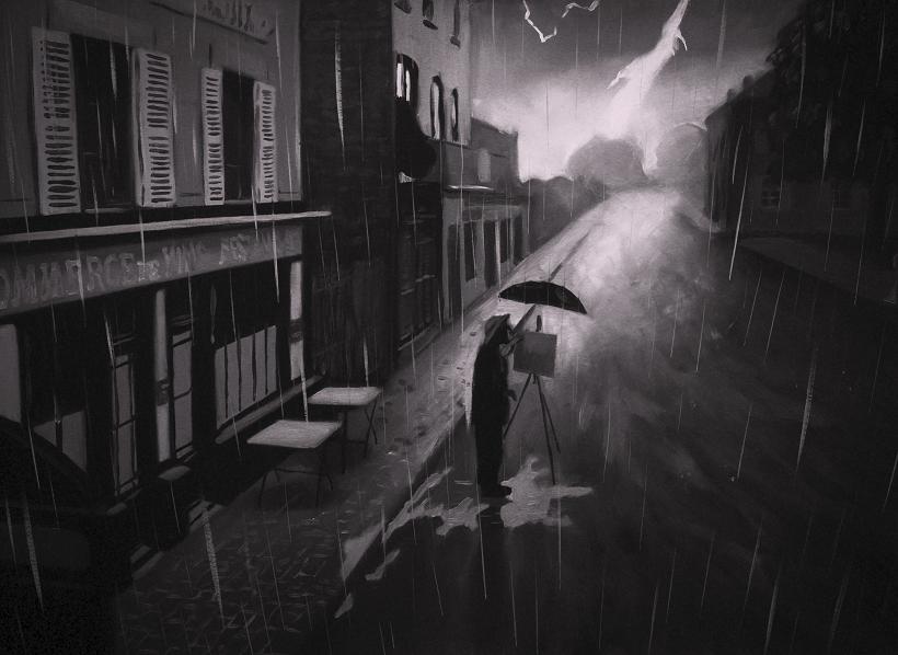 Klatka z filmu animowanego, sylwetka osoby z parasolem idzie przez miasto podczas burzliwej pogody