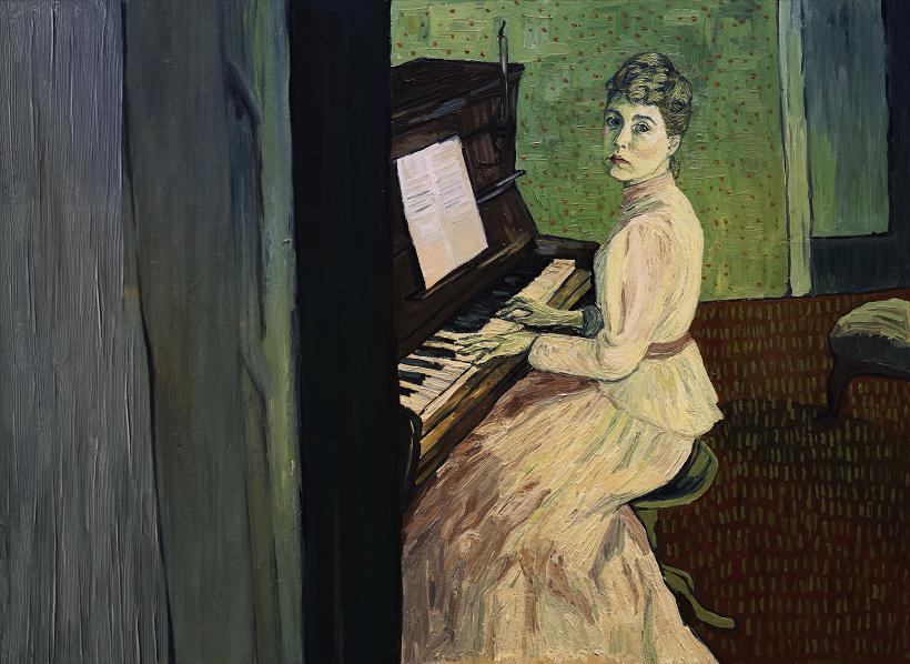 Klatka z filmu animowanego, kobieta w różowej sukni gra na fortepianie, spogląda w stronę odbiorcy