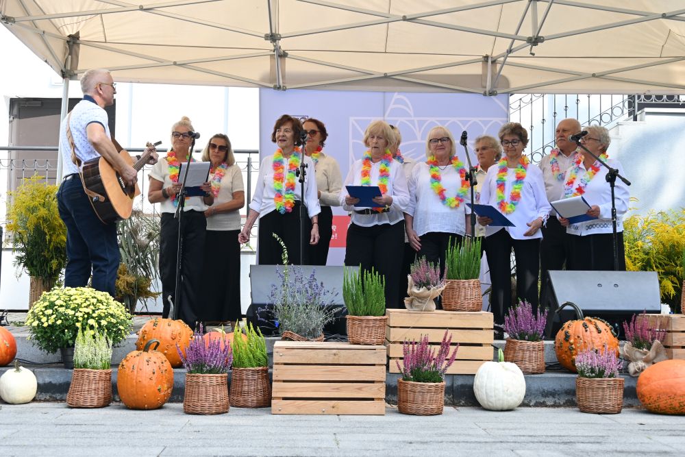 Plener, pod zadaszeniem, grupa seniorów występują, wśród nich mężczyzna z gitarą.
