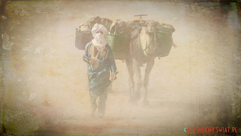 mężczyzna w turbanie z wielbłądami na pustyni