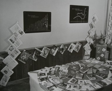 Książki ułożone w kółku na stole, za nim na ścianie powieszone gazety i plakaty