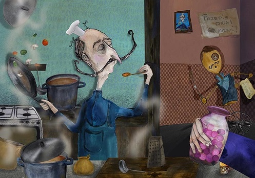 Ilustracja, która przedstawia kuchnię i mężczyzn
