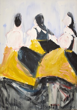 Abstrakcja, na której widać trzy kobiety mające czarno-żółte suknie