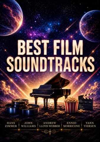best film soudtracks fortepian o otoczeniu planet i taśmy filmowej z popcornem