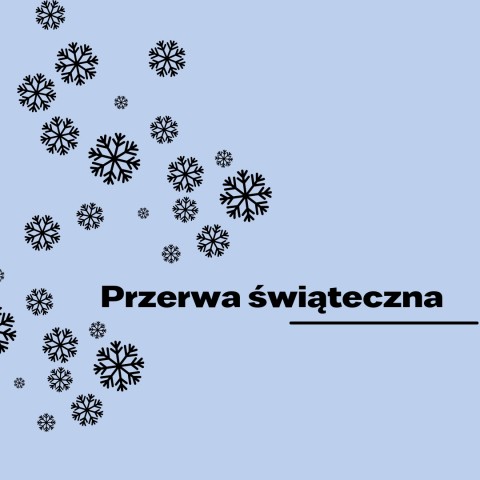 grafika czarne śnieżynki i przerwa świąteczna na niebieskim tle