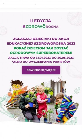 Plakat II Edycji ZdrowoRosną, na dole widać zdjęcie dorosłego i dzieci, którzy trzymają sadzonki