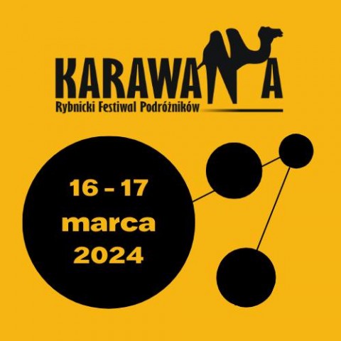 Plakat Rybnickiego Festiwalu Podróżników Karawana, na dole widać góry i rower