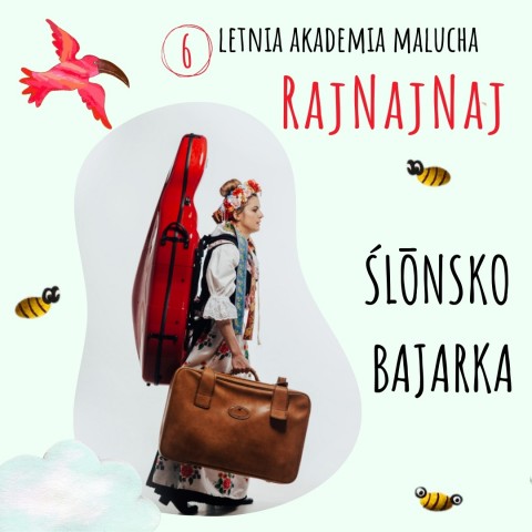ślonsko bajarka, kobieta w śląskim stroju z futerałem na wiolonczelę i taszą