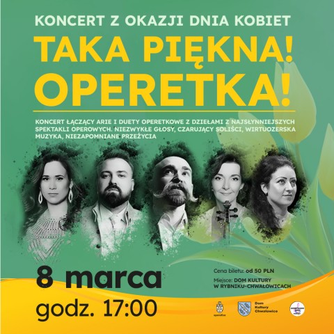 Koncert z okazji dnia kobiet, taka piękna operetka, fragmenty zdjęć 5 osób 3 kobiety, 2 mężczyzn