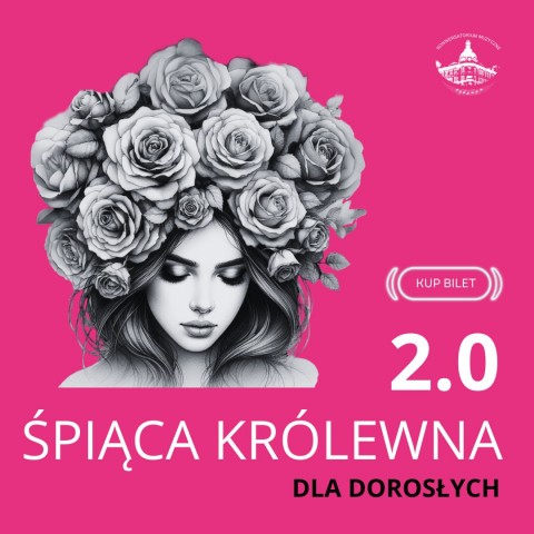 na różowym tle grafika przedstawiająca kobietę patrzącą w dół z kwiatami na głowie, 2.0 śpiąca królewna dla dorosłych
