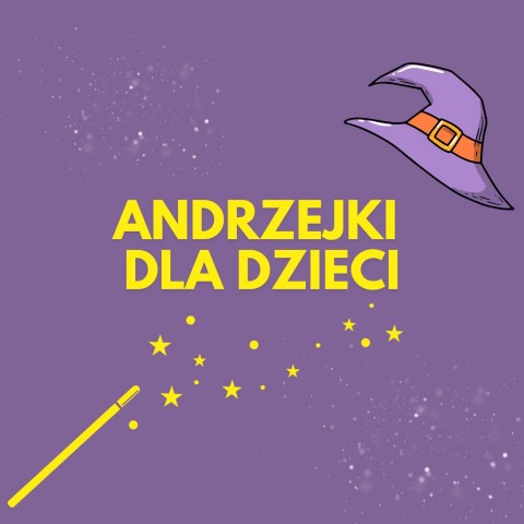 Andrzejki dla dzieci, na fioletowym tle magiczna różczka i czarodziejski kapelusz