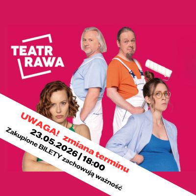 teatr rawa zaprasza na komedię: Będzie pani zadowolona, 10.10.2025 19:00 Dom Kultury Rybnik-Chwałowice, z tyłu dwóch mężczyzn w strojach roboczych, z przodu dwie kobiety z niezadowolonymi minami.