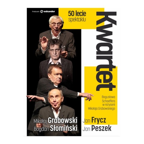 grafika, po lewej zdjęcie czterech mężczyzn w różnych pozach. 50 lecie spektaklu Kwartet. Informacje o obsadzie jak w opisie.