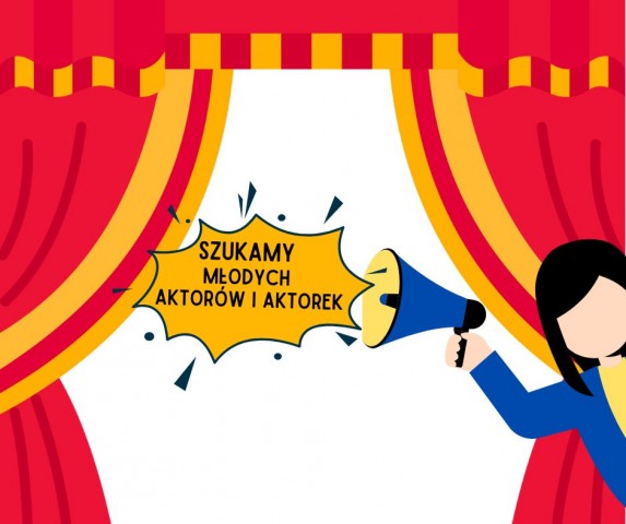 z kurtyny teatralnej zerka osoba z megafonem: szukamy młodych aktorów i aktorek