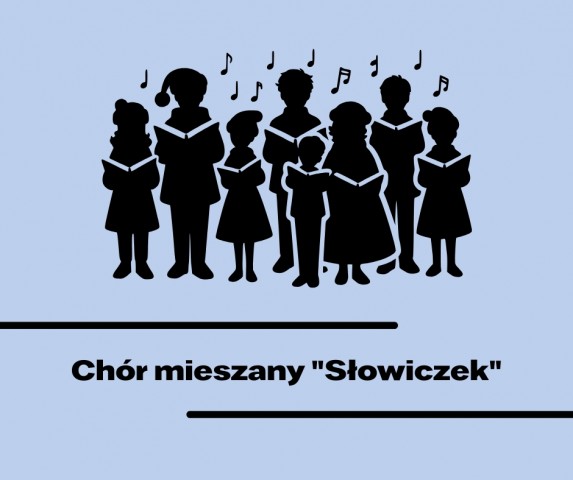 chór mieszany słowiczek, zarys postaci - grupa osób - trzymających śpiewniki. Nad nimi nutki.