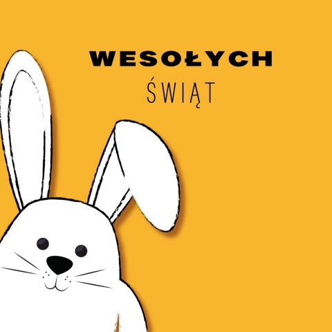 wesołych świąt, biały uśmiechnięty królik zerka z boku. Żółte tło.