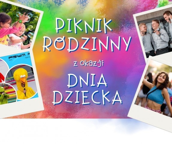 Piknik rodzinny z okazji dnia dziecka na kolorowym tle z boków zdjęcia atrakcji np. bańki dla dzieci