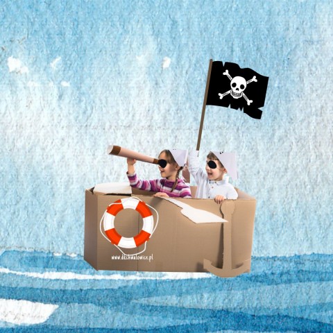 grafika przedstawiająca kartonową łódkę i dwoje dzieci z piracką flagą