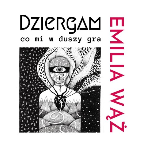 grafika czarno-biała przedstawiająca postać z jednym okiem i sercem, dziergam co mi w duszy gra, Emila Wąż