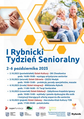 Plan wydarzenia jak w opisie, u góry po lewej w sześcioboku zdjęcie dłoni , po prawej para uśmiechniętych seniorów na ławce.