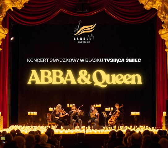 występ sceniczny, 4 muzyków na na instrumentach strunowych, koncert smyczkowy w blasku tysiąca świec ABBA & Queen