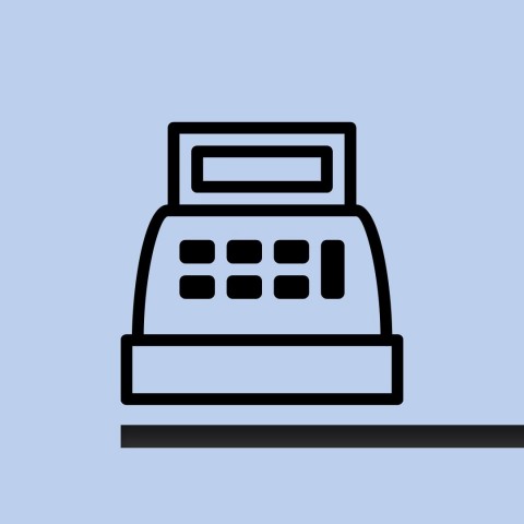 na niebieskim tle piktogram przedstawiający kasę