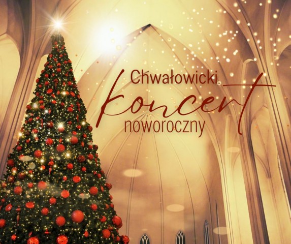 grafika, przedstawiająca choinkę w kościele, chwałowicki koncert noworoczny