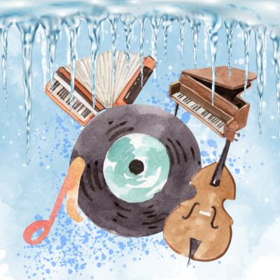z góry zwisają sople, w centrum akordeon, płyta, fortepian, kontrabas i nutka